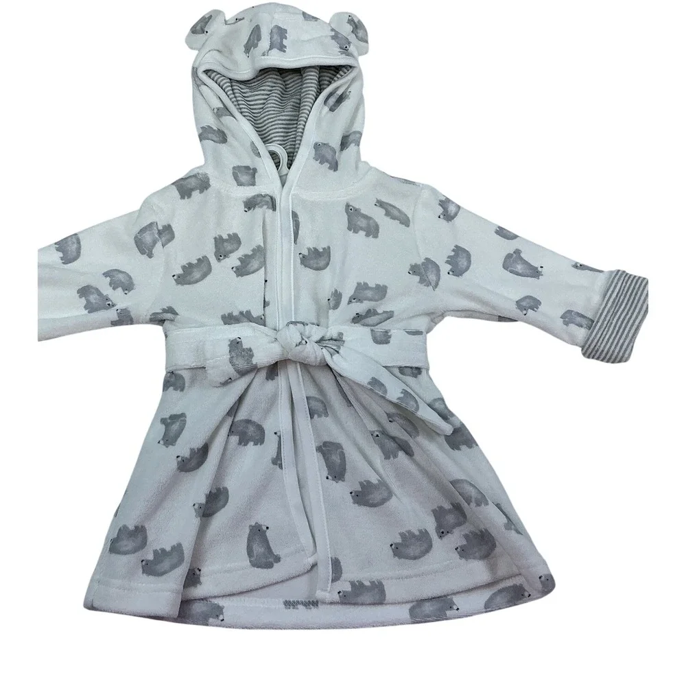 Just One You by Carter's Baby White Bear Print Bath‎ Robe Tie Waist  Size 0-9M